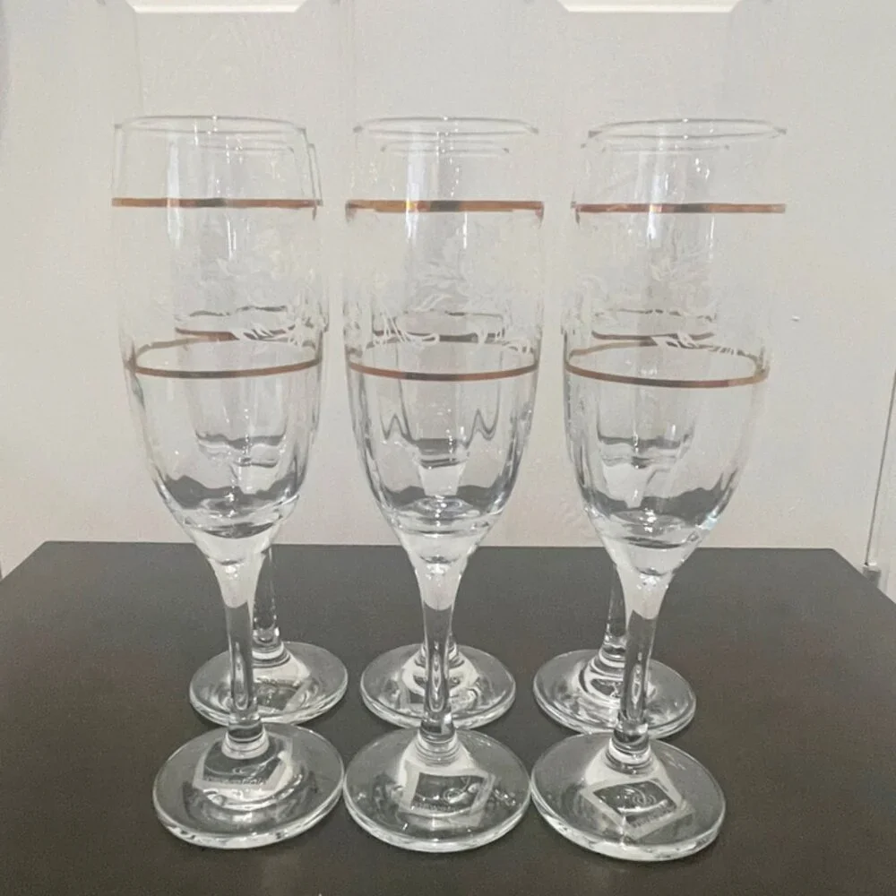 CICLE WARE SET OF 6‎ CHAMPAGNE FLUTES DUTCHES GOLD RIM FLORAL MADE IN TURKEY
